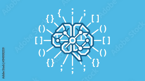 Artificial Intelligence Brain with Code Snippets on Blue Background.