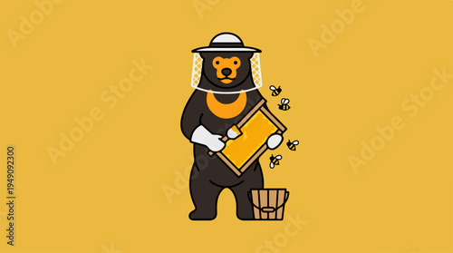 Bear Beekeeper with Honeycomb and Bees on Yellow Background.