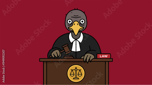 Bird Judge in Courtroom with Gavel and Law Book.