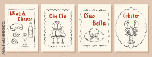 Italian summer posters and cards in hand drawn whimsical style. Mediterranean. La Dolce Vita. Amalfi coast.