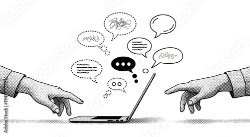 Hands reaching for laptop with speech bubbles.