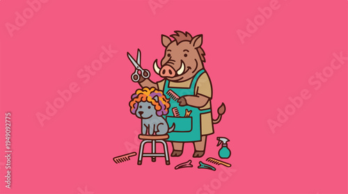 Boar Barber Giving a Dog a Haircut.