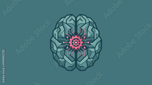 Brain with gears in the center, symbolizing thought and mechanics.