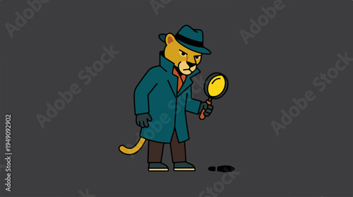 Cartoon detective cheetah investigating a clue with a magnifying glass.