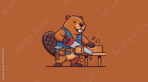 Cartoon beaver working as a carpenter sawing wood.