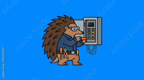 Cartoon echidna electrician working on an electrical panel.