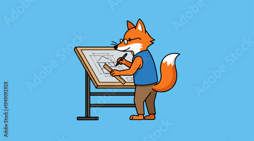 Cartoon fox character drawing on a drafting table, wearing glasses and a blue vest, against a solid blue background.