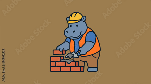 Cartoon hippo construction worker building brick wall with trowel.