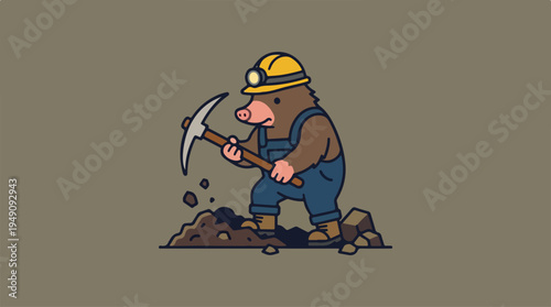 Cartoon Mole Miner Digging with Pickaxe.