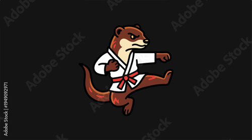 Cartoon Otter Practicing Martial Arts Kick.