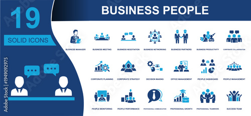 Business people icon set. Containing manager, meeting, negotiation, networking, partners, planning, strategy, dashboard, teamwork, communication, growth and more. Solid fill vector icons