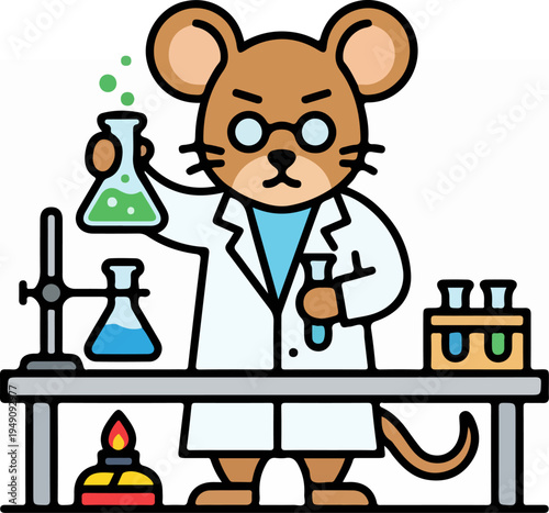Cartoon mouse scientist conducting experiments in a laboratory.