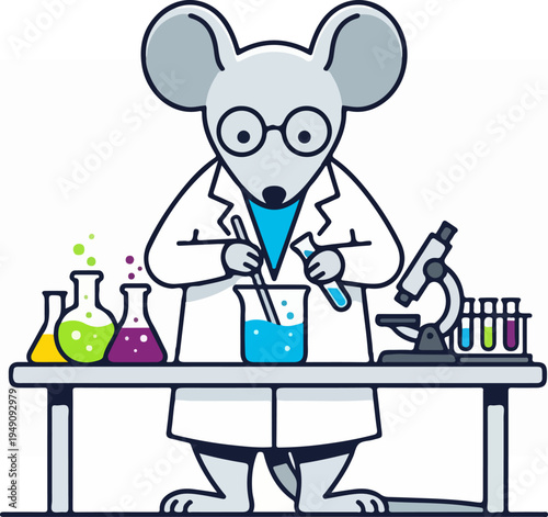 Cartoon mouse scientist conducting experiments in a laboratory setting.