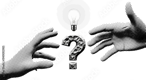 Two hands reaching for a question mark and lightbulb.