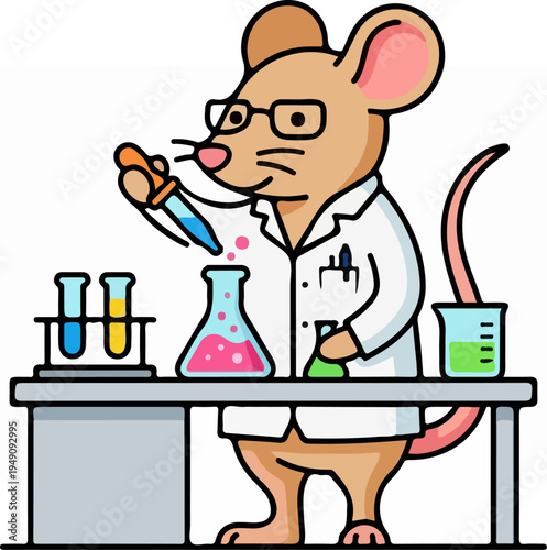 Cartoon mouse scientist conducting experiment in laboratory with beakers and test tubes.