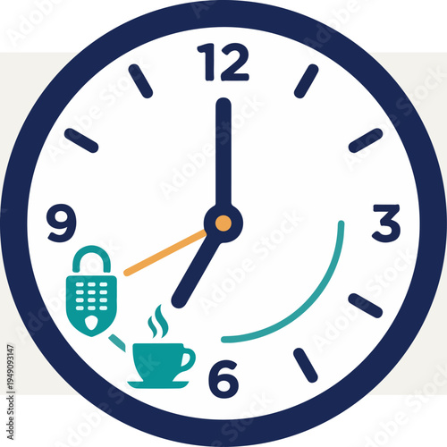 Clock with padlock and coffee cup representing time management and security.