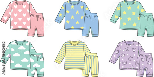 Pastel baby pajama set collection, cute kids sleepwear illustration with hearts stars clouds stripes animals, toddler nightwear outfit
