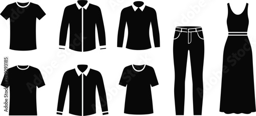 Black clothing silhouettes set, t-shirt jacket shirt pants dress, fashion apparel icons, minimalist vector wardrobe