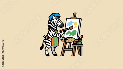 Creative Zebra Artist Painting on Canvas with Brush and Palette.