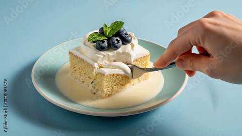 Traditional Mexican Tres Leches Cake with Fresh Blueberries and Mint