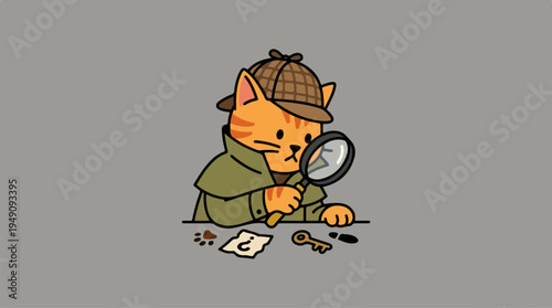 Curious Cat Detective Investigating Clues with Magnifying Glass.
