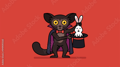 Cute Cartoon Lemur Magician with Rabbit in Hat.