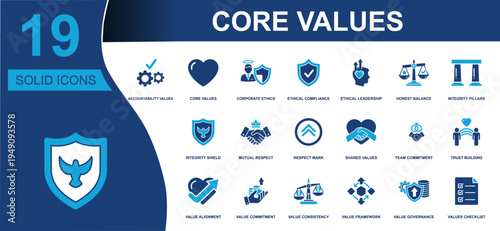 Core values icon set. Containing accountability, corporate ethics, ethical leadership, integrity, mutual respect, trust building, value governance, commitment and more. Solid vector icons