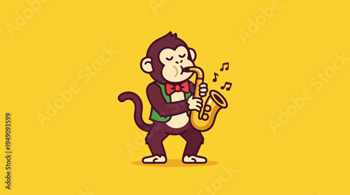 Cute cartoon monkey playing saxophone with musical notes.