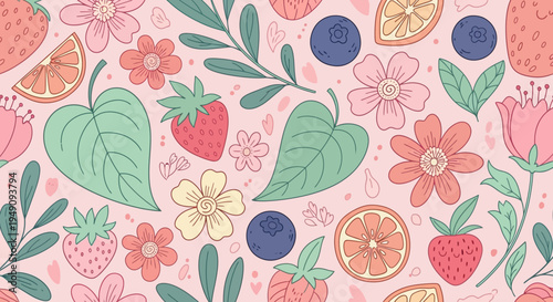 Colorful illustration of fruit and flowers.