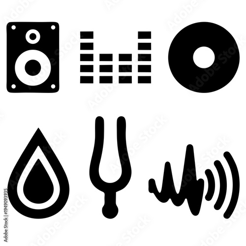 Audio Sound Icon Set – Speaker, Equalizer, Vinyl Record, Wave and Music Symbols Vector