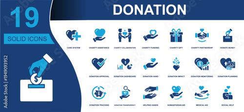 Donation icon set. Containing charity assistance, charity funding, donate money, donation approval, donation impact, helping hands, humanitarian aid, social aid and more. Solid vector icons