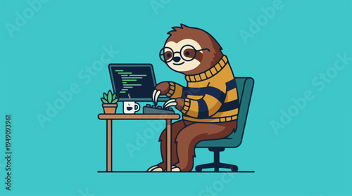 Cute Sloth Programmer Working on Laptop at Desk.