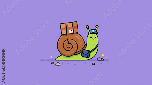 Cute Snail Mail Carrier Delivering Package Illustration.