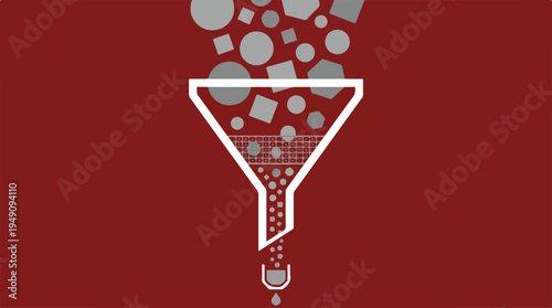 Data funnel illustration with various shapes being filtered into a smaller output, symbolizing data processing and refinement.