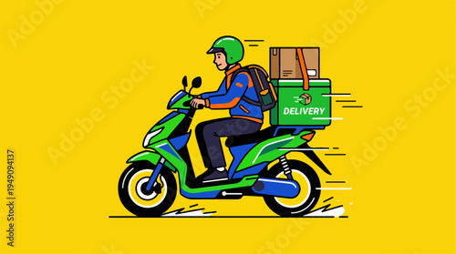 Delivery driver on scooter with package.
