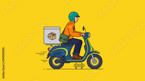 Delivery driver on scooter delivering package.