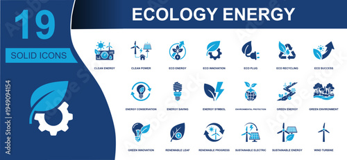 Ecology energy icon set. Containing clean power, eco plug, recycling, energy saving, green innovation, wind turbine, environmental protection and more. Solid fill vector icons collection