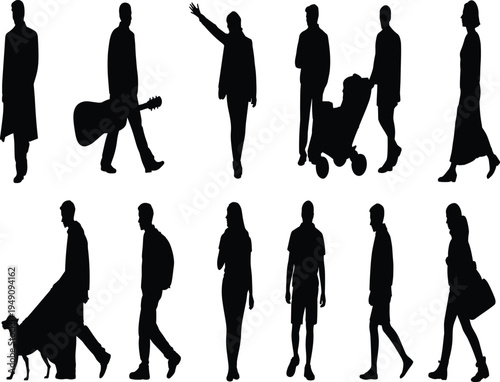 Silhouette of diverse people walking, group of men and women in motion, vector illustration set