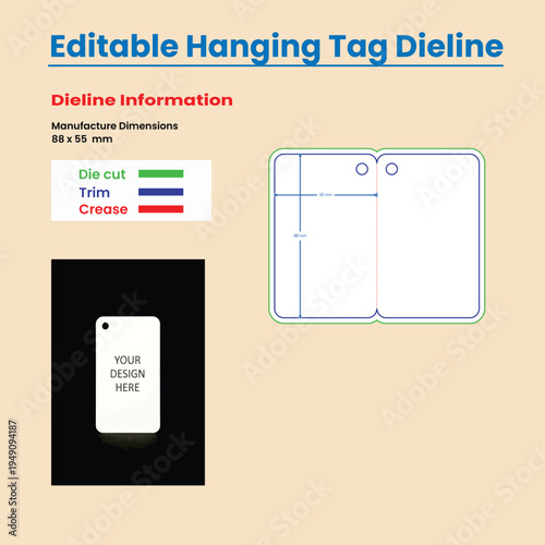 Editable hanging tag dieline template with dimensions and instructions die cut trim
