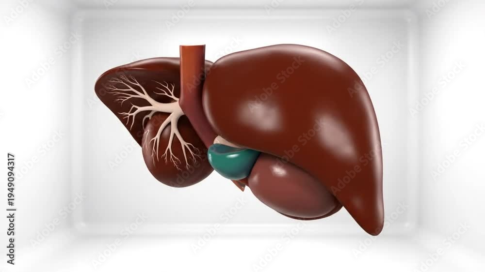 Anatomical 3D model of a human liver and gallbladder showing veins and ...