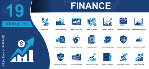 Finance icon set. Containing cash flow, expense tracking, analytics, control, growth, monitoring, audit, compliance, planning, investment, profit and more. Solid fill vector icons