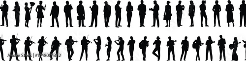 Professional and musical silhouettes illustration, business people poses, violin players performing, lifestyle diversity concept, artistic expression, vector design artwork
