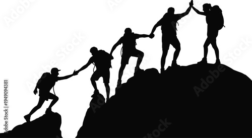 Mountain climbing teamwork silhouettes illustration, hikers helping each other, cooperation support concept, adventure expedition, leadership collaboration, perseverance vector artwork design
