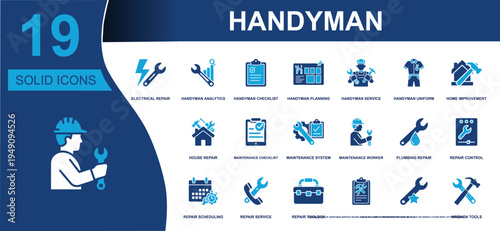 Handyman icon set. Containing electrical repair, plumbing, checklist, toolbox, worker, home improvement, maintenance, service, repair tools and more. Solid fill vector icons collection