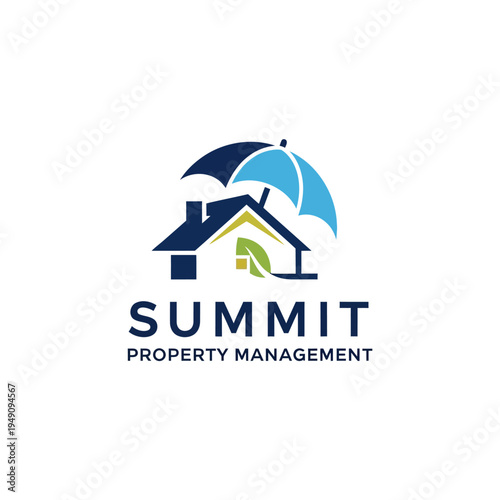 Abstract House Roof Logo with Umbrella and Green Swoosh, Representing Property Management on Isolated White Background