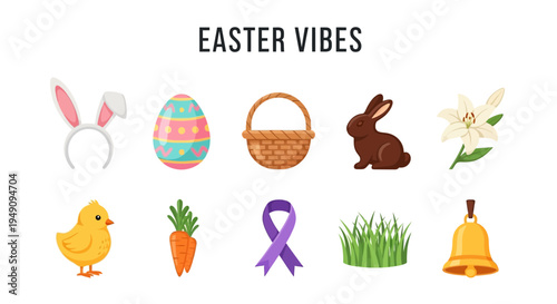 Graphic elements illustrating Easter Vibes laid out in two rows on a white background