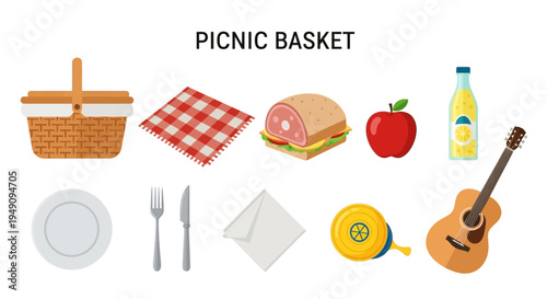 Collection of picnic items including basket blanket food drink utensils and a guitar
