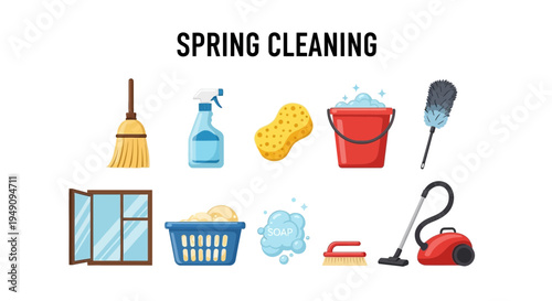 Illustration of various cleaning supplies arranged under the text SPRING CLEANING