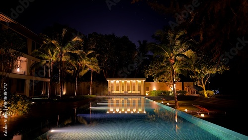 Luxury Poolside Retreat at Night, Tropical Paradise