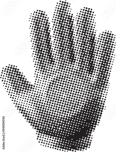 Halftone illustration of open left hand with fingers spread apart and palm facing forward in black dots on white background